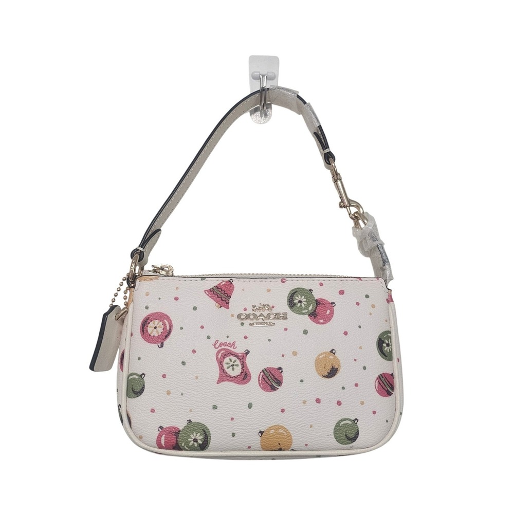 Coach Nolita 15 Holiday Ornament Print White Leather Small Wristlet Bag NWOT
